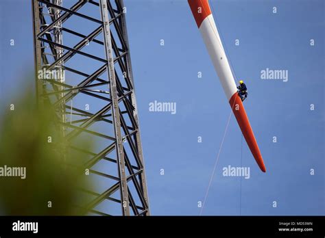 Assembly worker, inspecting, wind turbine, rotor testing Stock Photo ...