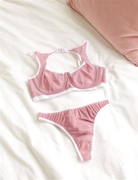 Seductive Transparent Mesh Lingerie Set Sexy Sheer Pink Halter Bra And Comfy Thong Panty