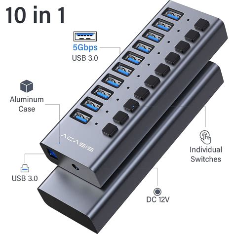 USB хъб 10 USB 3.0 порта ACASIS, LED осветление, бутон за включване и ...
