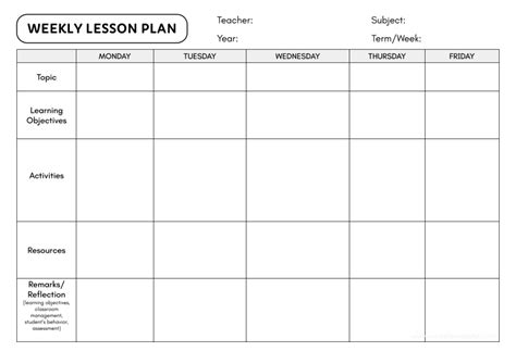 weekly lesson plan organize  teaching schedule efficiently