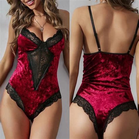 Femmes Velours Dentelle Lingerie Sous V Tements Body Teddy Combinaison V Tements De Nuit