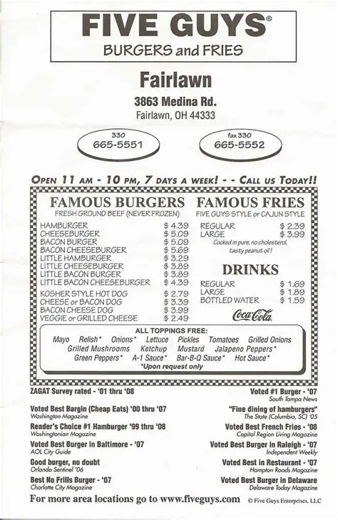 Menu at Five Guys fast food, Fairlawn, Medina Rd