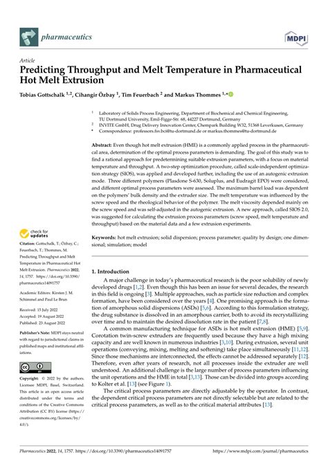 Pdf Predicting Throughput And Melt Temperature In Pharmaceutical Hot Melt Extrusion