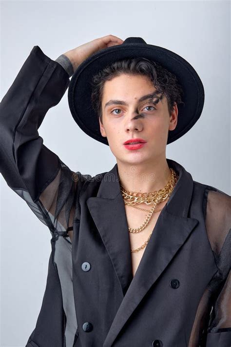 Male Makeup Look Portrait Of Brunette Man In Black Stylish Wear Posing Stock Image Image Of