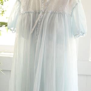S Sky Blue Peignoir Set Pleated Maxi Empire Waist Princess Lingerie Nightgown Puffy Sleeves