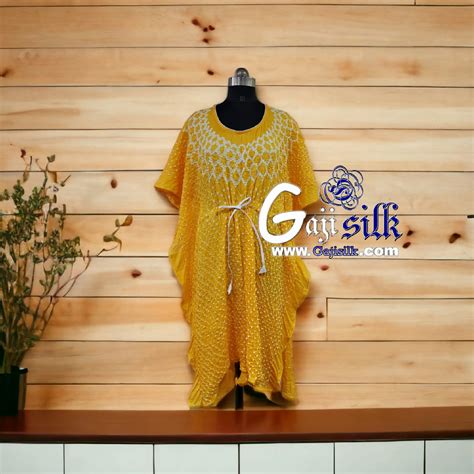 Yellow Pure Gaji Silk Bandhani Kaftan Designer Gaji Silk Bandhani