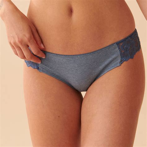 Buy La Vie En Rose Cotton And Scalloped Lace Detail Bikini Panty Blue Online