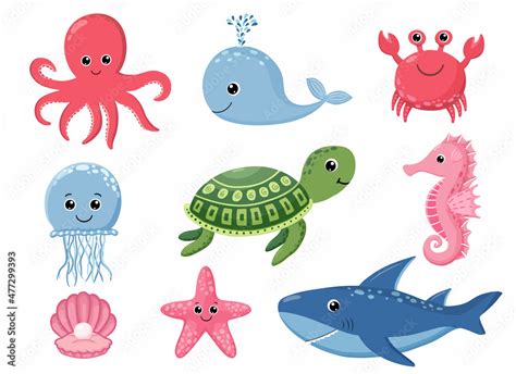 Cartoon sea animals. Cute ocean fish, octopus, shark and turtle ...