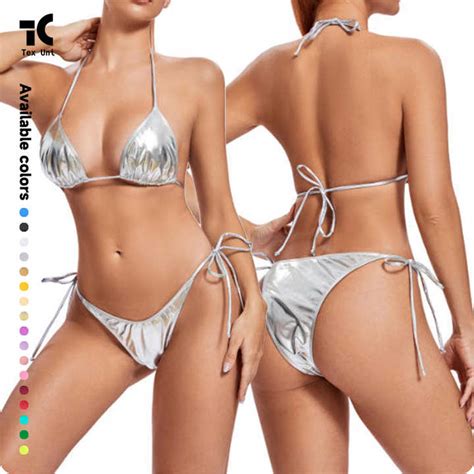 Bikini Lace Up Ins Split Swimsuit Two Piece Set Vacation Sexy Women Shiny Color Sexy Micro