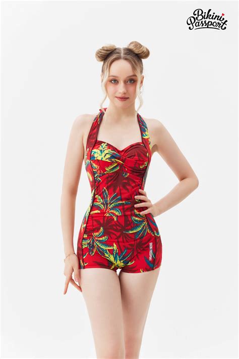 Đồ bơi Nữ BIKINI PASSPORT kiểu Một mảnh quần short nhún màu Đỏ