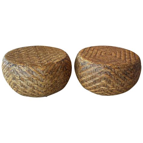 Vintage Pair Of Woven Wicker Round Footstools Stools Benches Ottomans