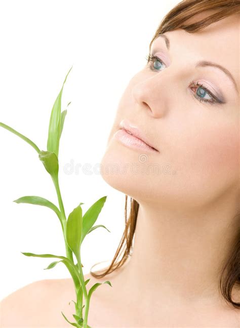 Blue Eyed Brunette With Bamboo Stock Image Image Of Living