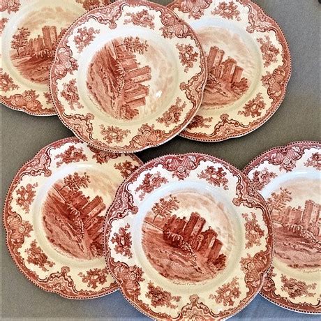 Sex Engelska Tallrikar Med Slottdekoration Keramik Porslin