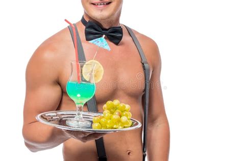 Waiter With A Naked Torso Reserved A Glass Of Wine Stock Photo Image Of Service Tray