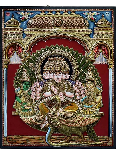 Shanmukha Murugan With His Consorts Devasena And Valli Without Frame