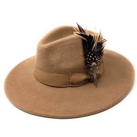 Beige Wide Brim Fedora Hat With Country Feather Brooch Widford