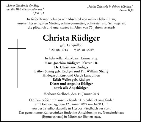 Traueranzeigen Von Christa R Diger Vrm Trauer De