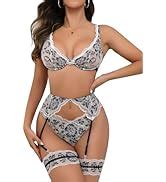 Popiv Womens Sexy Lingerie Set Push Up Lace Garter Belt Bra And Panty Set With Choker Black