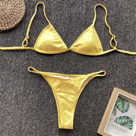 Triangle En Cuir Dor Bikini Thong Mini Bikini Set Reflective Push Up Swimsuit Baignage