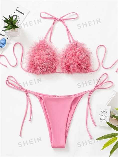 Summer Beach Fuzzy Bikini Set Triangle Bra Thong Bottom Piece Rave Bathing Suit Shein Uk