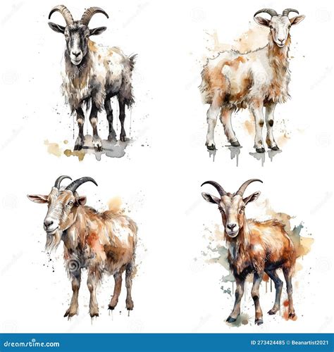 Cute Goats Watercolor Illustration Set Stock Illustration