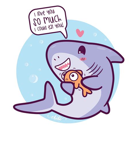 a cartoon shark holding a fish with a speech bubble above it that says