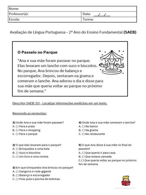 Prova Saeb 2 Ano Português Pdf - Avaliação de Português - 2º Ano SAEB | PDF