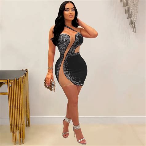 Womens Dresses Sheer Mesh Rhinestone Mini Dress One Pieces Sexy See
