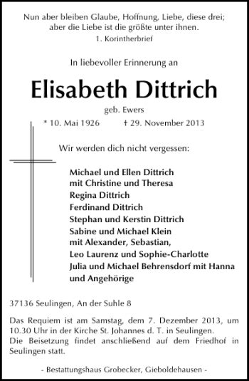 Traueranzeigen Von Elisabeth Dittrich Trauer Anzeigen De