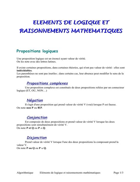 Eléments de logique et raisonnements mathématiques