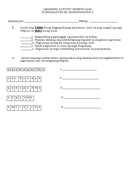 Learning Activity Sheets Esp 5 Pdf