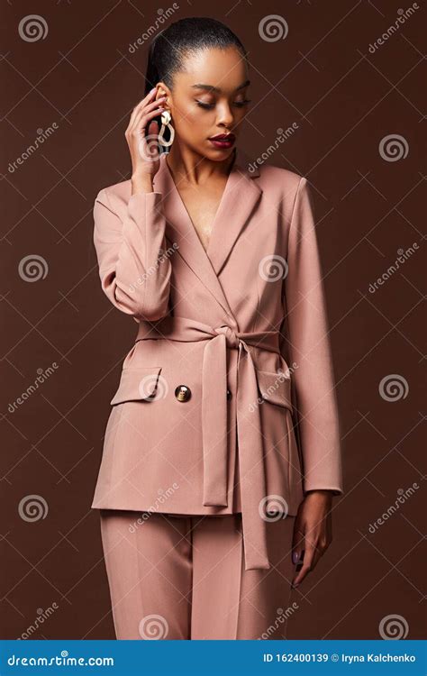 Beautiful Woman Fashion Glamour Model Brunette Hair Makeup Wear Suit Trousers Jacket Clothes