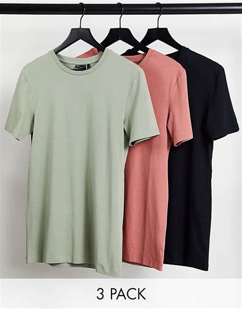 Asos Design 3 Pack Muscle Fit T Shirt With Crew Neck In Khaki Pink And