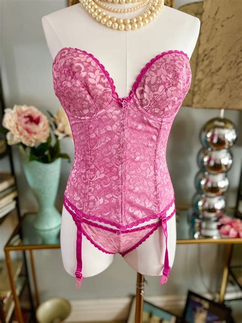 Pink Bustier Panty Set D Hot Pink Corset Bustier And Bikini Panty Vintage Bustier Hand