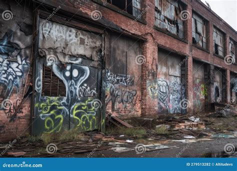 Alien Graffiti on Abandoned Warehouse Building, with Broken Windows and Peeling Paint Visible ...