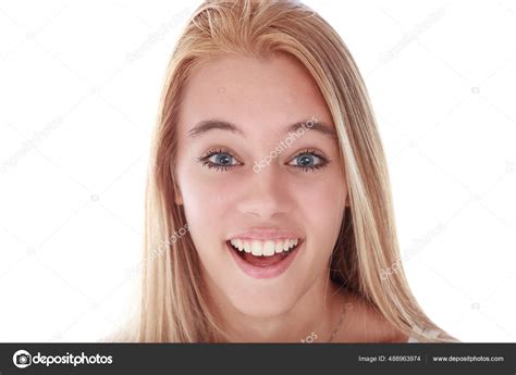 Smiling Portrait Beautiful Surprise Blonde White Girl Open Mouth Perfect Stock Photo Giulio