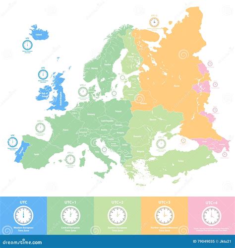 Europe Time Zones Vector Map with Clocks Icons Stock Vector ...