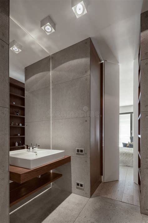 Stylish Bathroom with Concrete Tiles Stock Photo - Image of modern, flooring: 184632644