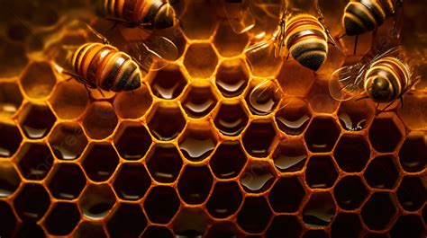 Close Up Of Honey Bees On The Honeycomb Background Picture Of