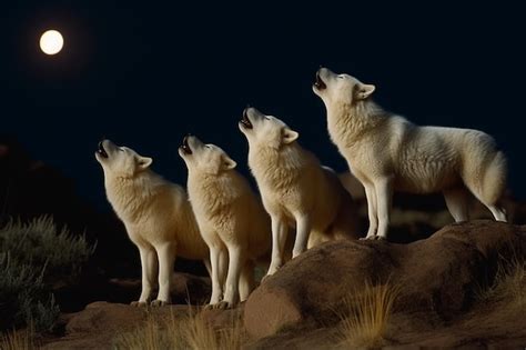 Premium Ai Image Three White Wolves Howling At The Moon