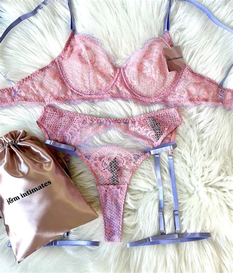 Pink Floral Soft Lace Lingerie Set With Garter Belt Thigh Straps Gift For Women Etsy