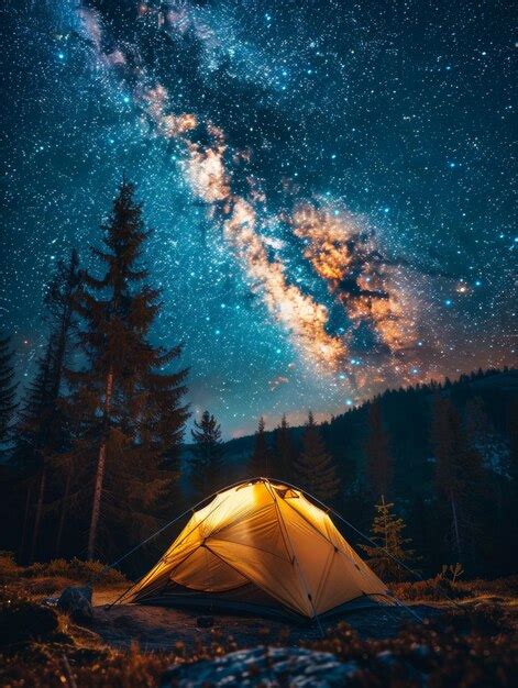 Tent In Woods Under Starry Night Sky Premium Ai Generated Image