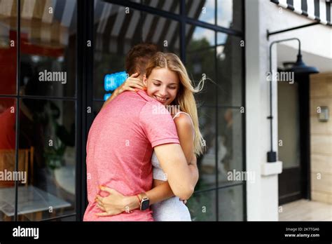 Farewell Concept Delighted Happy Smiling Blonde Woman Says Goodbye Or Hi To Boyfriend Gives