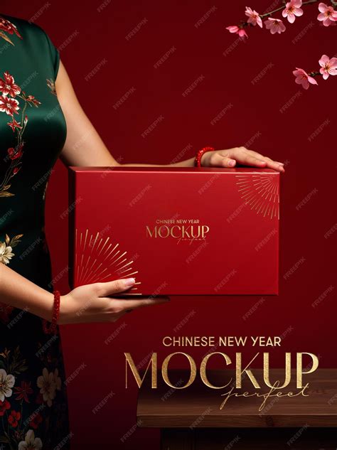 psd chinese  year gift box mockup  traditional qipao dress