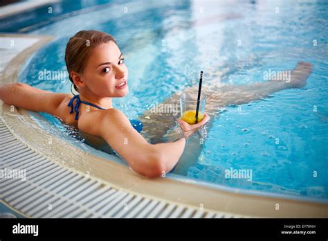 Attractive Female In Bikini Relaxing In Hot Tub Stock Photo Alamy