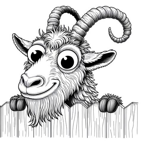 Cabra con cuernos retorcidos mira por encima de la cerca: Imagen para