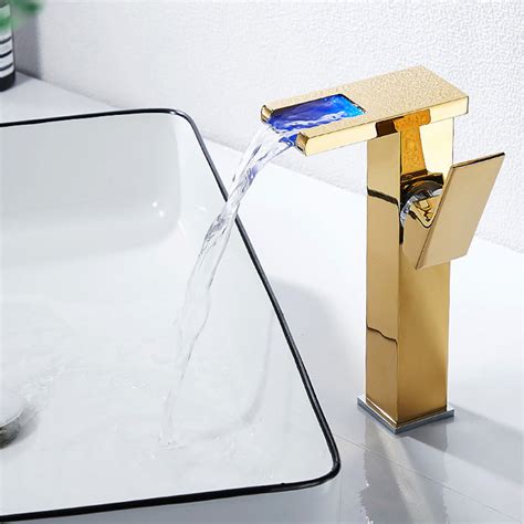Brass Led Waterfall Bathroom Basin Faucet Set Cold Hot Water Mixer Crane Sink Tap Color Change