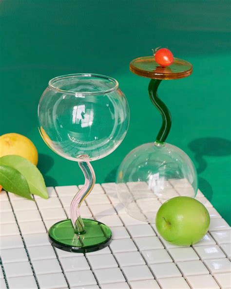 Handblown Bubble Wine Glass Retro Whimsical Eclectic Wavy Stemmed Go
