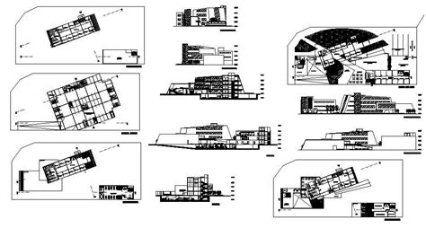 Multi Story Hotel Building All Sided Elevation Section Plan And Auto