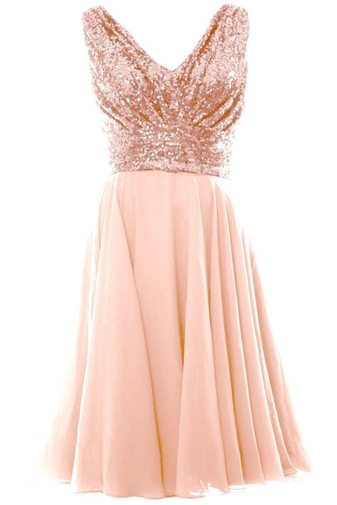 Macloth Women V Neck Sequin Chiffon Short Bridesmaid Dress Formal